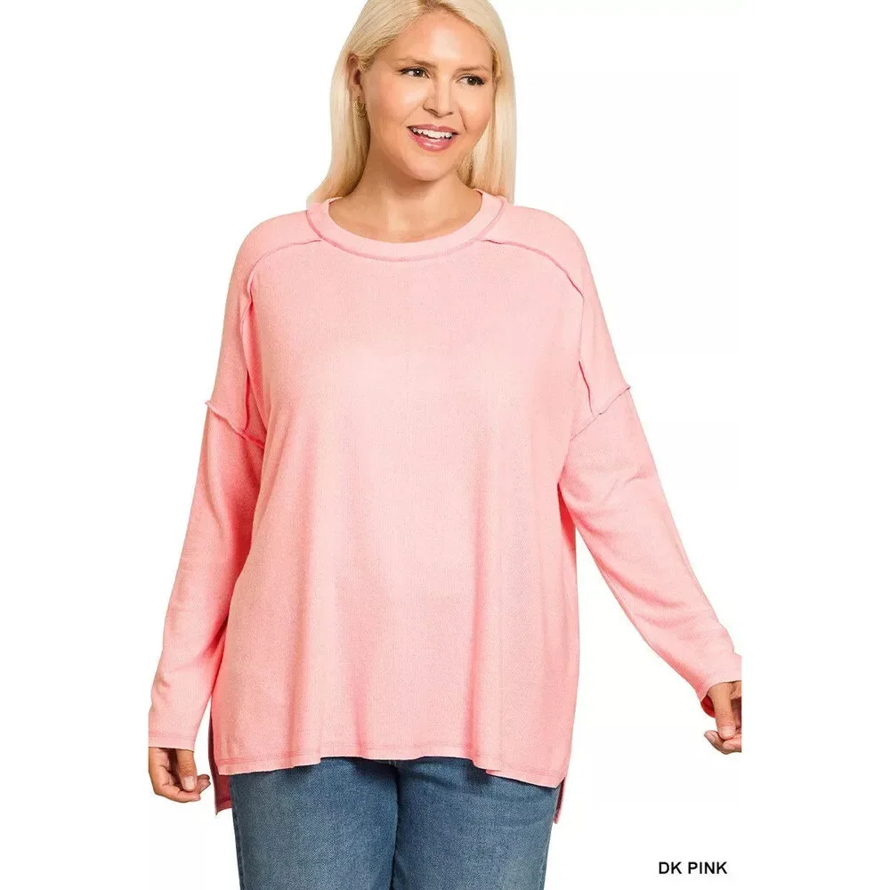 Zenana Full Size Melange Hacci Exposed Seam Hi-low Tee Plus Size
